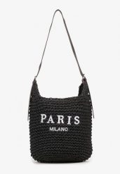 Czarna Pleciona Torebka Plażowa Shopper na Długim Pasku z Napisem Galenitia. Czarne shopper bag Born2be, bez wzorów, bez dodatków. Za 139.99 zł.