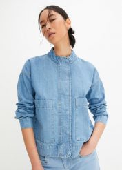Kurtka dżinsowa bojówka oversized. Niebieskie kurtki bonprix, bez wzorów, bez kaptura. Za 189.99 zł.