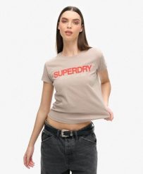 Dopasowana koszulka z logo odzieży sportowej. Brązowa t-shirty sportowe Superdry, l, bez wzorów, z bawełny, bez ramiączek, na fitness i siłownię. Za 126.50 zł.