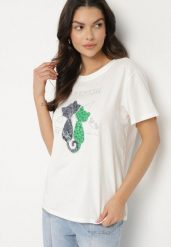 Biały T-shirt z Bawełny z Ozdobnym Napisem i Nadrukiem Olinella. Białe t-shirty Born2be, l, bez wzorów, z bawełny, bez kołnierzyka, bez ramiączek. Za 59.99 zł.