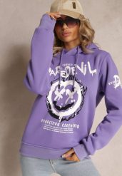Fioletowa Bluza z Polarem i Nadrukiem Thalindra. Fioletowe bluzy Renee, xl, bez wzorów, z dzianiny, eleganckie, bez ramiączek, z kapturem. W wyprzedaży za 63.99 zł.