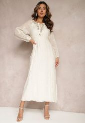 Jasnobeżowa Sukienka Boho Ozdobiona Wiązaniem i Cyrkoniami Przy Dekolcie z Gumką w Talii Kalenda. Brązowe sukienki Renee, na imprezę, l, z aplikacjami, boho, bez kołnierzyka, bez ramiączek, maxi. W wyprzedaży za 153.99 zł.