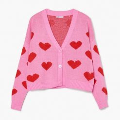 Różowy kardigan ze wzorem - Różowy. Czerwone swetry Cropp, l, bez wzorów, z dzianiny, bez ramiączek. Za 119.99 zł.