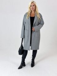 Szary klasyczny pudełkowy płaszcz Megan XXL OVERSIZE JESIEŃ. Szare płaszcze Moda Size Plus Iwanek, na jesień, s, bez wzorów, z jeansu, eleganckie, bez kaptura. Za 399.90 zł.