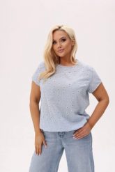 Jasnoniebieska bluzka Lira ze 100% haftowanej bawełny w drobne stokrotki PLUS SIZE XXL OVERSIZE JESIEŃ. Bluzki Moda Size Plus Iwanek, l, bez wzorów, z bawełny, biznesowe, bez kołnierzyka, plus size, bez ramiączek. Za 179.90 zł.