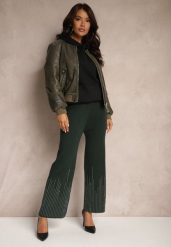 Ciemnozielone Spodnie o Szerokim Kroju High Waist z Cyrkoniami i Gumką w Pasie Loreitha. Zielone jeansy Renee, z aplikacjami, z jeansu, z podwyższonym stanem. W wyprzedaży za 63.99 zł.