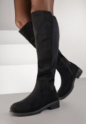 Czarne Kozaki Vices w Stylu Muszkieterek Amlave. Czarne kozaki Born2be, bez wzorów, z jeansu, eleganckie, bez obcasa, na płaskiej podeszwie, bez zapięcia. Za 119.99 zł.