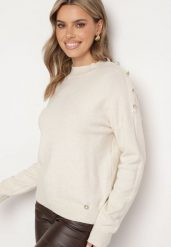 Jasnobeżowy Sweter z Półgolfem Wiskozą Modalem i Ozdobnymi Guzikami Etalisse. Brązowe swetry Born2be, m, bez wzorów, z jeansu, eleganckie, bez ramiączek. W wyprzedaży za 67.99 zł.
