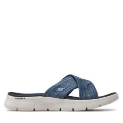 Klapki Skechers. Niebieskie klapki Skechers, bez wzorów, bez obcasa, bez zapięcia. Za 229.99 zł.