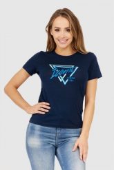 GUESS Granatowy t-shirt damski iconic. Niebieskie t-shirty Guess, s, z aplikacjami, z bawełny, bez kołnierzyka, bez ramiączek. W wyprzedaży za 129.99 zł.