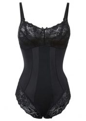Body o średnim stopniu modelowania sylwetki, z koronką. Czarne body i gorsety bonprix, bez wzorów, z koronki, bez ramiączek. Za 139.99 zł.