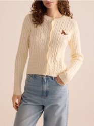 Kardigan z haftem - kremowy. Białe swetry Reserved, l, bez wzorów, z bawełny, bez ramiączek. Za 129.99 zł.