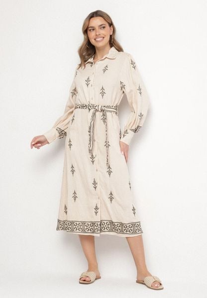 Beżowa Wiskozowa Sukienka Koszulowa Szmizjerka z Paskiem Telandora. Brązowe sukienki Born2be, na co dzień, l, bez wzorów, z wiskozy, eleganckie, bez kołnierzyka, bez ramiączek, koszulowe. Za 149.99 zł.