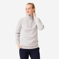 Sweter do golfa damski wiatroszczelny MW500 z wysokim kołnierzem. Szare swetry INESIS, m, bez wzorów, z bawełny, eleganckie, bez ramiączek. Za 199.99 zł.