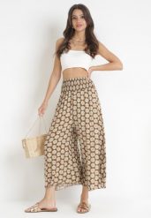 Jasnobrązowe Szerokie Spodnie High Waist o Długości 7/8 Vatum. Brązowe jeansy Born2be, l, z aplikacjami, z jeansu, z podwyższonym stanem. Za 69.99 zł.