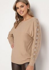 Ciemnobeżowy Sweter z Wiskozą Ozdobiony Cyrkoniami na Rękawach Reninna. Brązowe swetry Born2be, m, z aplikacjami, z jeansu, eleganckie, bez ramiączek. W wyprzedaży za 84.99 zł.
