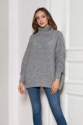 Oversizowy Sweter z Luźnym Golfem - Szary. Szare swetry Lanti, uniwersalny, bez wzorów, z materiału, bez ramiączek. Za 249.90 zł.