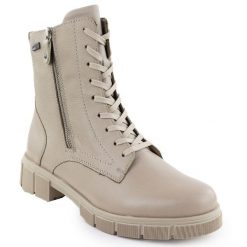 Skórzane wodoodporne botki damskie workery beżowe Rieker Remonte D2S72-60. Brązowe botki Remonte, bez wzorów, ze skóry, bez obcasa, bez zapięcia. Za 298.35 zł.