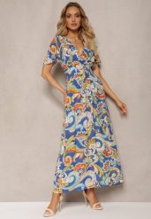 Niebieska Rozkloszowana Sukienka z Bawełny o Kopertowym Kroju w Print Paisley Piavella. Niebieskie sukienki Renee, na co dzień, l, bez wzorów, z bawełny, eleganckie, bez kołnierzyka, bez ramiączek, maxi, kopertowe. W wyprzedaży za 48.99 zł.