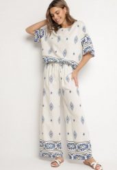 Beżowo-Niebieski Wiskozowy Komplet w Stylu Boho Szerokie Spodnie i Bluzka T-shirt Sarilorae. Niebieskie bluzki Born2be, l, bez wzorów, z wiskozy, boho, bez kołnierzyka, bez ramiączek. Za 119.99 zł.