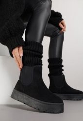 Czarne Śniegowce na Platformie Typu Sztyblety Ahelina. Czarne śniegowce Renee, bez wzorów, z jeansu, bez zapięcia. Za 89.99 zł.