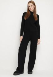 Czarny Prążkowany Komplet Dzianinowy Szerokie Spodnie i Sweter z Półgolfem Fenitiva. Czarne swetry Born2be, l, bez wzorów, z dzianiny, bez ramiączek. Za 159.99 zł.