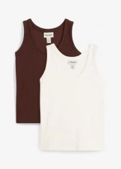 Prążkowany tank top z bawełną organiczną (2 szt.). Białe topy bonprix, bez wzorów, z bawełny, bez kołnierzyka, bez ramiączek. Za 77.99 zł.