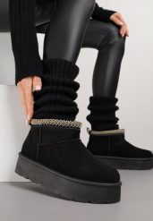 Czarne Śniegowce na Platformie z Haftem przy Cholewce Sewnera. Czarne śniegowce Renee, bez wzorów, z dzianiny, bez zapięcia. Za 69.99 zł.