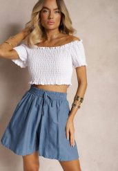 Jasnoniebieskie Szorty z Bawełny o Luźnym Kroju Wykończone Gumką w Pasie Winnea. Niebieskie szorty Renee, bez wzorów, z bawełny. W wyprzedaży za 27.99 zł.