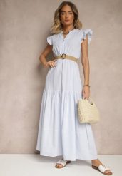 Jasnoniebieska Rozkloszowana Sukienka z Bawełny w Stylu Boho z Paskiem z Klamrą Iffarisa. Niebieskie sukienki Renee, na co dzień, l, bez wzorów, z bawełny, boho, bez kołnierzyka, bez ramiączek, maxi, rozkloszowane. W wyprzedaży za 99.99 zł.