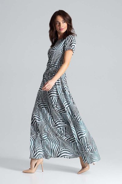 Sukienka Maxi z Podkreśloną Talią - Wzór 105. Niebieskie sukienki Katrus, s, bez wzorów, z elastanu, bez kołnierzyka, bez ramiączek, maxi. Za 299.00 zł.