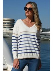 Bleu d'Azur Sweter "Saint Malo" w kolorze biało-niebieskim rozmiar: 44/46. Białe swetry Bleu d'Azur, w ażurowe wzory, klasyczne, bez ramiączek. Za 175.67 zł.
