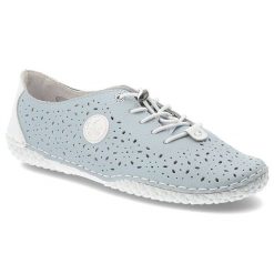 Półbuty damskie Rieker, ażurowa cholewka sznurowane lekka podeszwa wygodny codzienny fason, niebieskie, 43656-12. Niebieskie półbuty wsuwane Rieker, w ażurowe wzory, z jeansu, eleganckie, bez obcasa, na płaskiej podeszwie. Za 319.00 zł.