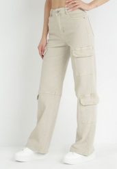 Jasnobeżowe Szerokie Jeansy Cargo Marinka. Brązowe jeansy Born2be, l, bez wzorów, z jeansu. Za 179.99 zł.