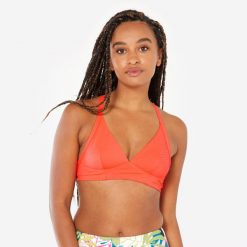 Góra kostiumu surfingowego teksturowana damska Olaian Bea. Brązowe bikini OLAIAN, bez wzorów, z materiału, sportowe. W wyprzedaży za 44.99 zł.