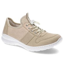 Beżowe Półbuty Rieker Wygodne Buty Damskie. Brązowe półbuty wsuwane Rieker, bez wzorów, ze skóry ekologicznej, bez obcasa, na koturnie. Za 339.00 zł.
