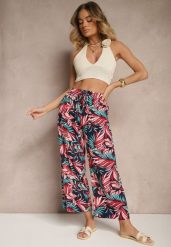 Granatowo-Czerwone Spodnie z Bawełny o Szerokim Kroju High Waist w Liście Edirive. Niebieskie jeansy Renee, na lato, l, bez wzorów, z bawełny, biznesowe, z podwyższonym stanem. W wyprzedaży za 20.99 zł.