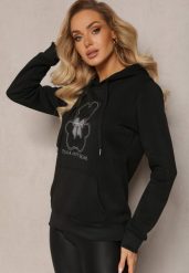 Czarna Bluza Kangurka ze Ściągaczami z Nadrukiem i Polarem Simunsa. Czarne bluzy Renee, l, bez wzorów, z polaru, bez kaptura. W wyprzedaży za 71.99 zł.