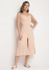 Pomarańczowa Sukienka Rozkloszowana na Ramiączkach z Guzikami z Wiskozą Efrinelle. Brązowe sukienki Born2be, na co dzień, l, bez wzorów, z wiskozy, eleganckie, bez kołnierzyka, bez ramiączek, midi, rozkloszowane. W wyprzedaży za 93.49 zł.
