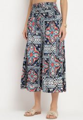 Granatowe Bawełniane Spodnie Culotte z Wysokim Stanem i Gumką w Talii w Boho Stylu Olovia. Niebieskie jeansy Born2be, l, bez wzorów, z bawełny, boho, z podwyższonym stanem. W wyprzedaży za 33.99 zł.