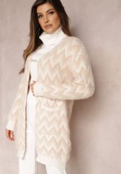 Beżowy Niezapinany Kardigan o Przedłużonym Fasonie w Zygzaki Chevron Oherna. Brązowe swetry Renee, bez wzorów, z tkaniny, bez ramiączek. W wyprzedaży za 87.99 zł.