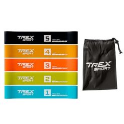 Zestaw 5 gum oporowych Trex Sport Miniband Neon 1–18 kg z torbą. Torby sportowe TREX SPORT, bez wzorów. Za 19.50 zł.