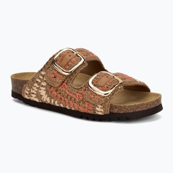 Klapki damskie Scholl Noelle Crochet. Brązowe klapki Scholl, bez wzorów, z materiału, sportowe, bez obcasa, bez zapięcia. Za 389.99 zł.
