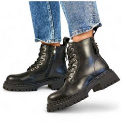 Skórzane botki damskie workery ocieplane czarne GD-TL57B. Czarne botki marka niezdefiniowana, bez wzorów, ze skóry, eleganckie, bez obcasa, bez zapięcia. Za 311.99 zł.