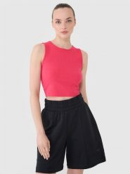 4F Crop top dzianinowy damski - różowy S. Czerwone topy 4f, s, bez wzorów, z bawełny, sportowe, bez kołnierzyka, bez ramiączek. W wyprzedaży za 39.99 zł.