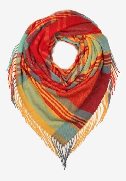 Czerwono-Żółty Szalik z Bawełny i Wiskozy Ozdobiony Klasyczną Kratą i Frędzlami Nerifla. Czerwone szaliki i kominy Born2be, na jesień, bez wzorów, z bawełny, eleganckie. Za 54.99 zł.