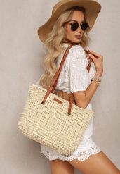 Jasnobeżowa Duża Pleciona Torebka Wykończona Rączkami z Imitacji Skóry Carpinea. Brązowe torebki klasyczne Renee, bez wzorów, z materiału, boho, duże, bez dodatków. W wyprzedaży za 103.99 zł.
