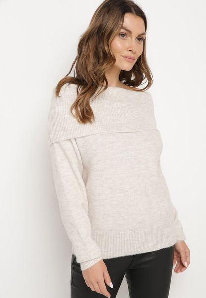 Beżowy Sweter z Wełną Wiskozą i Wywiniętym Dekoltem Ravarina. Brązowe swetry Born2be, m, bez wzorów, z dzianiny, biznesowe, bez ramiączek. Za 54.99 zł.