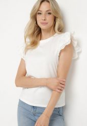 Biały Top z Bawełny Ozdobiony Ażurowymi Rękawami Nalathiel. Białe topy Born2be, m, w ażurowe wzory, z bawełny, eleganckie, bez kołnierzyka, bez ramiączek. W wyprzedaży za 38.24 zł.