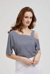 Bluzka w paski z odkrytym ramieniem granatowa. Bluzki MOODO, l, bez wzorów, bez kołnierzyka, bez ramiączek. W wyprzedaży za 34.99 zł.